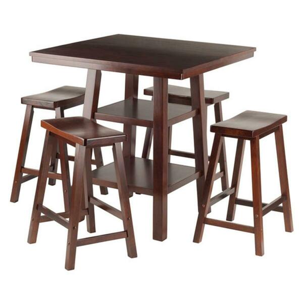 Winsome Trading 5 Piece Orlando High Table 2 Shelves with 4 Saddle Seat Stools Set, Walnut 94548